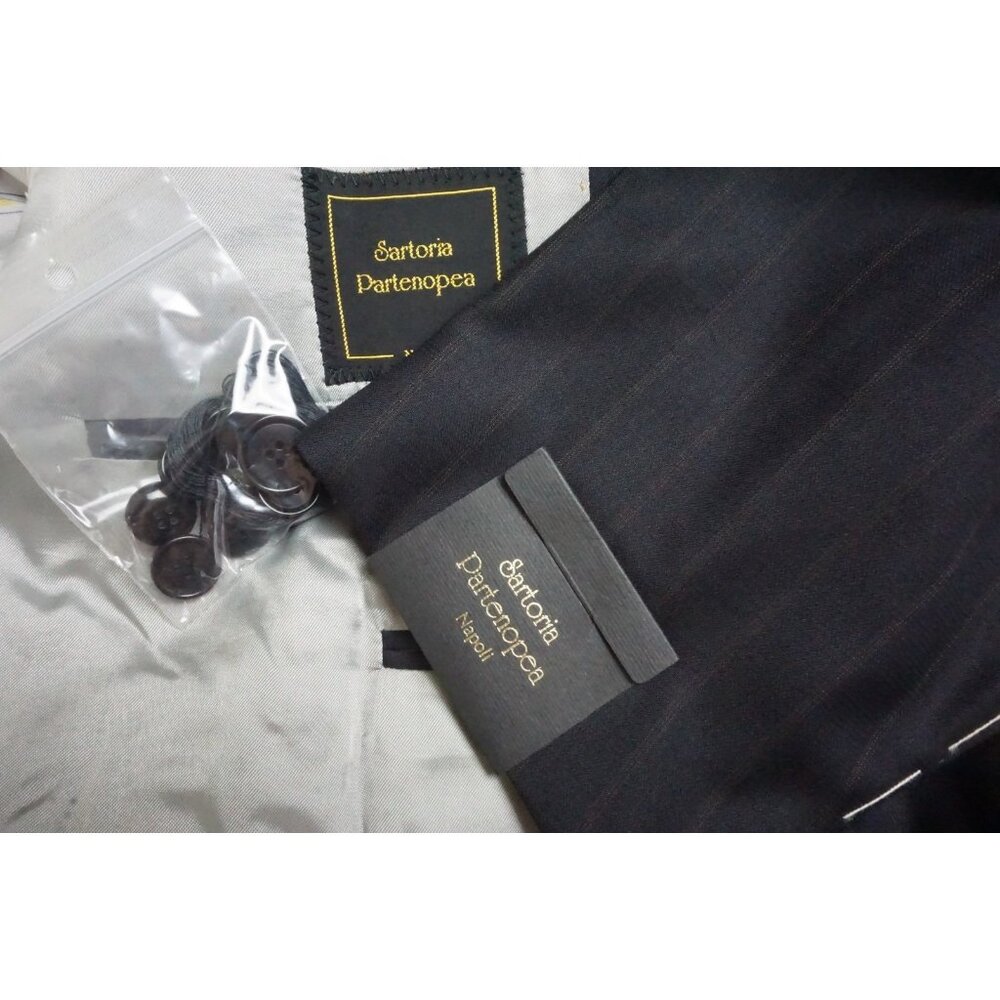 Sartoria Partenopea Dark Blue Orange Striped Wool 2 Pc Suit Jacket Pants 46R NEW